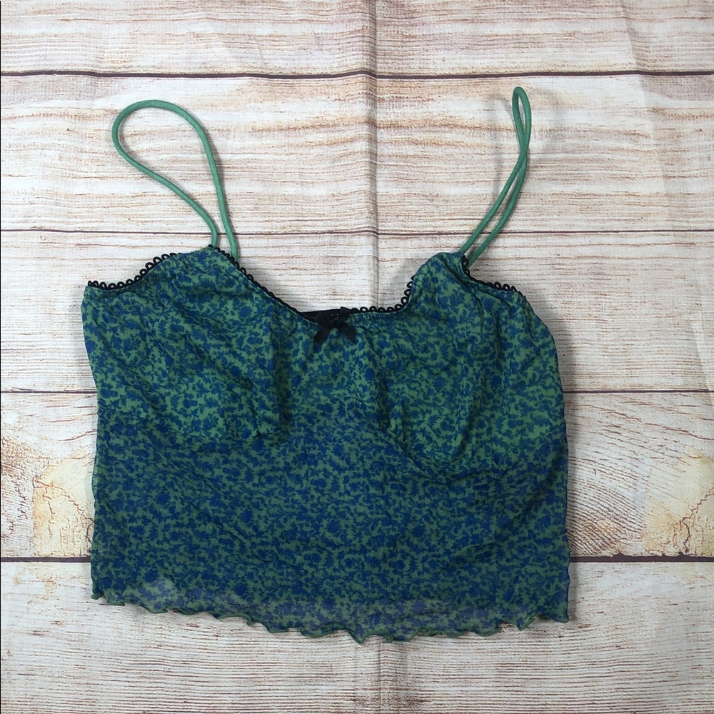 Urban Outfitters 90s‎ inspired Blue/Green Floral Babydoll Sheer Cami Lettuce Hem